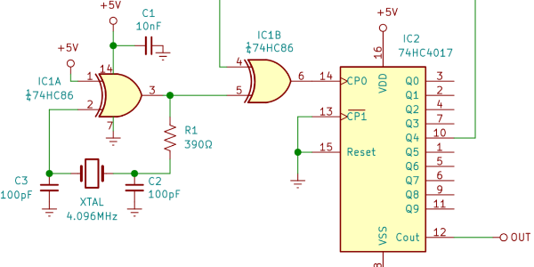 該設(shè)計(jì)使用基于 XOR 門的 Pierce 振蕩器，產(chǎn)生 455kHz 和 50% 占空比