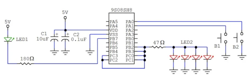 NXP 的 9S08SH8 微控制器的 GPIO 應(yīng)用。沒有外部振蕩器